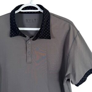 BYLT Drop Cut Lux Polo Mens L Gray Polka Dot Accent Short Sleeve Curved Hem